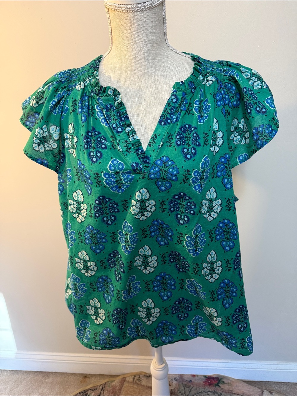 J. Crew Green Floral Cap Sleeve Blouse